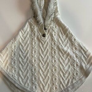 Cynthia Rowley Girls Cream Cable Knit Poncho with Faux Fur